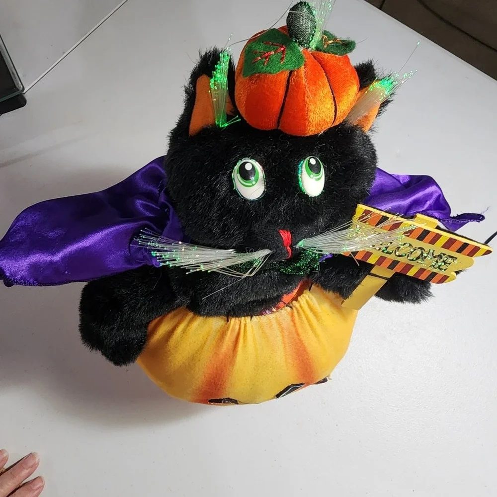 VTG Fiber Optic Halloween Black Cat Pumpkin Welcome Sign Light Up Decor 14 inch